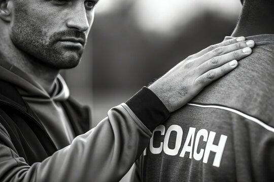 Close-up of a coach showing support with a hand on a player's shoulder.