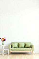 light green sofa with matching pillows in a minimalist room setting