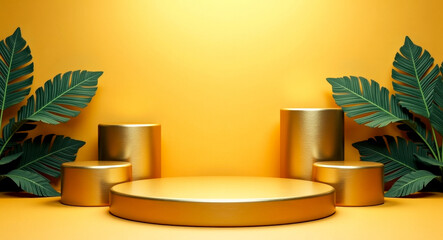 golden cylindrical platforms with tropical leaves on yellow background