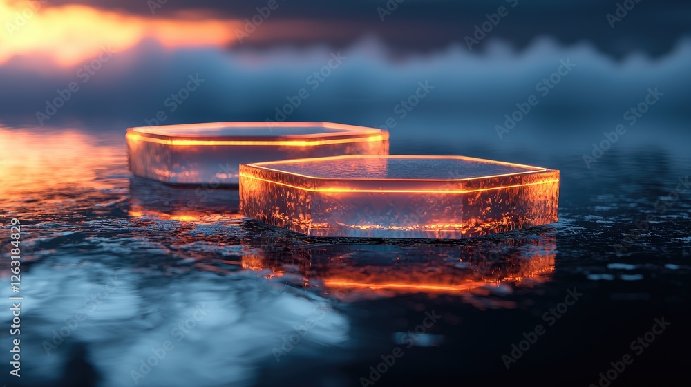 Poster illuminated hexagonal prisms resting on ice