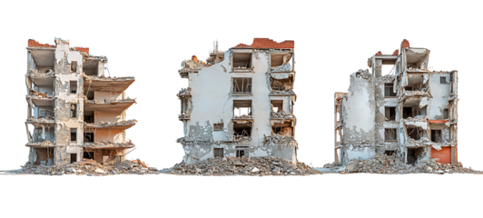 Isolated on transparent background, collapsed buildings in various stages of collapse, urban ruins. high resolution PNG file