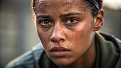 Fototapeta premium Close-up of a determined person with sweat on face, conveying focus and intensity.