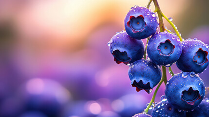Vibrant blueberries glistening with morning dew against a blurred background.