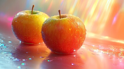 Two Red Apples Covered in Dew Drops on a Shiny Surface
