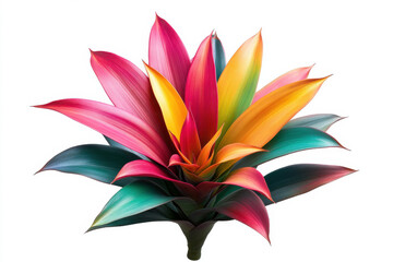 Vibrant multicolored flower with striking petals and lush green leaves. isolated on white background.