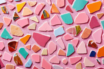 Vibrant mosaic tiles in various shapes and colors create an artistic pattern.