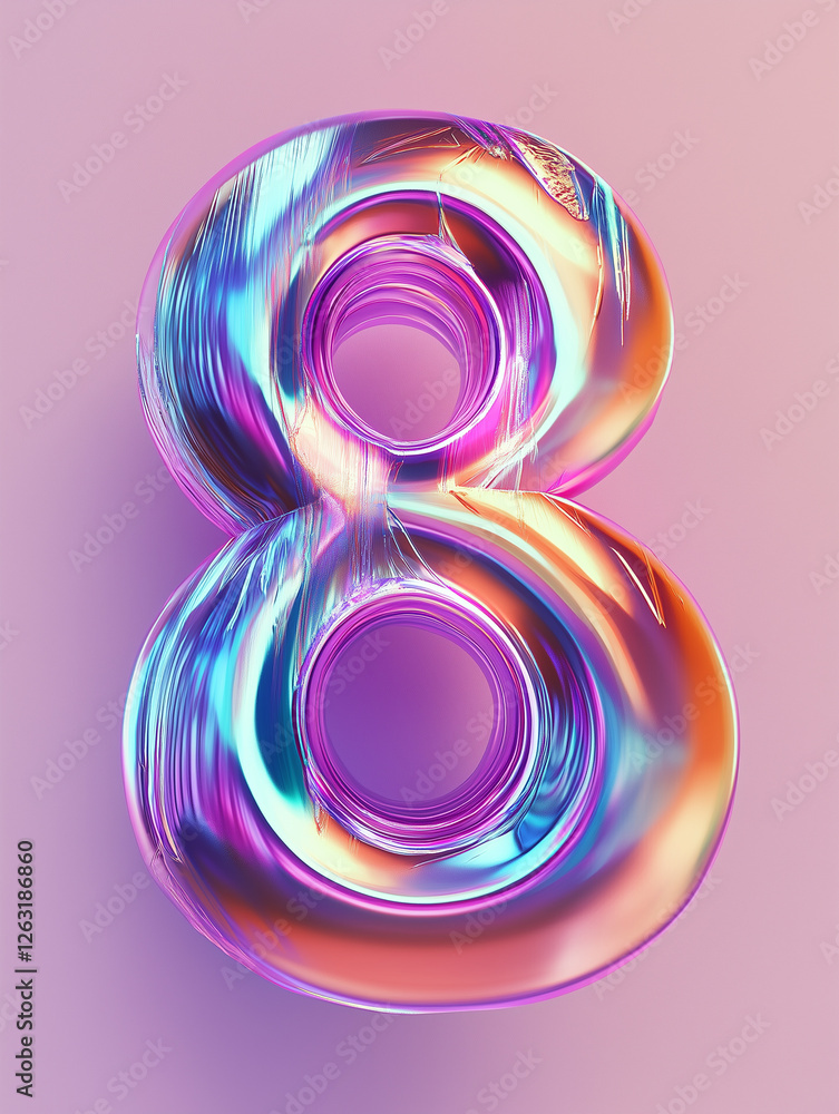 Poster modern holographic foil number eight displayed on a soft pink background with vibrant colors and ref