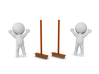 Two happy 3D guys with brooms. Image isolated on white background..