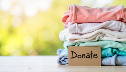 Stack of folded clothes with "Donate" label on a blurred green background for blogs, websites, charity events, educational materials, and fundraising campaigns to promote giving back