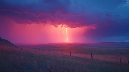 Pink Sunset Lightning Strike Over Grassland Plains