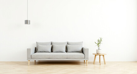 light gray sofa with four pillows in minimalist living room setting