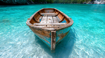 Obraz premium Tranquil wooden boat in crystal clear lake