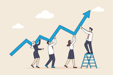 Growth strategy, team collaboration to grow business success, teamwork or partnership to develop or improve work efficiency concept, businessman and woman employee team help grow rising arrow chart.