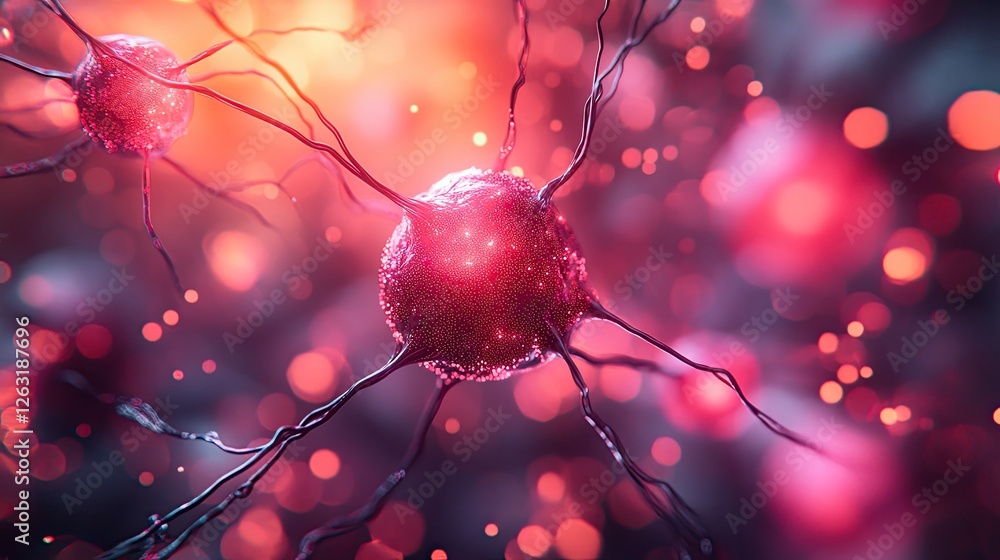 Poster microscopic view of red neural cells connecting