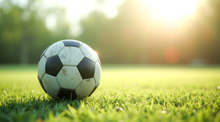 Fototapeta premium close-up of a slightly dirty soccer ball on a lush green grass field during sunset