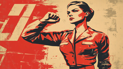 Soviet retro propaganda poster featuring a determined woman in a military uniform striking a powerful pose