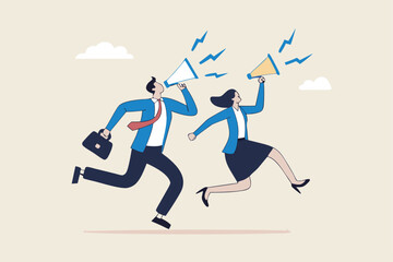 Communicate message, announce job vacancy for hiring, shouting promotion or company communication, warning alert or beware or important message concept, businessman and woman shouting on megaphone.