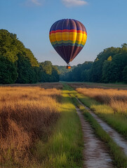 Naklejka premium Hot air balloon over rural field at sunrise; travel, adventure, peaceful morning
