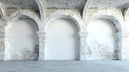 Interior, arched hallway, old building,  decayed walls, empty space, architectural design, background image