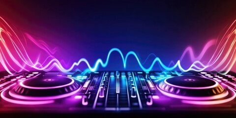 A futuristic DJ mixer with neon lights and vibrant sound waves, creating an energetic and dynamic atmosphere. Perfect for music, nightlife, parties, and electronic dance themes..