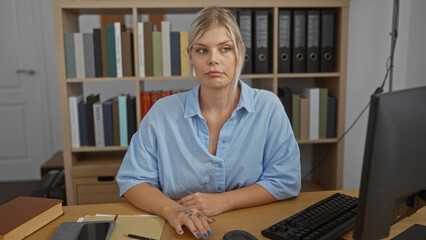 Young blonde woman in blue shirt sitting at an office desk in workplace with books and binders in...
