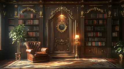 Obraz premium Luxurious library, reading chair, ornate bookshelves, calm interior, home study