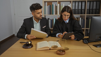 Obraz premium Man and woman working together in an office setting with law books, scales, and a gavel, showcasing collaborative efforts in a professional legal environment.