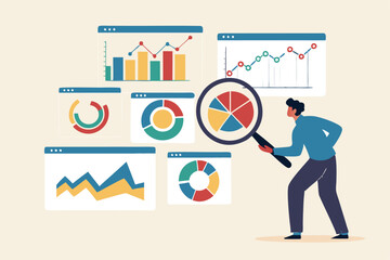 Analysis report research result, chart and diagram dashboard, financial graph statistics, analyze data, SEO or optimization concept, businessman with magnifying glass analyze research chart and graph.