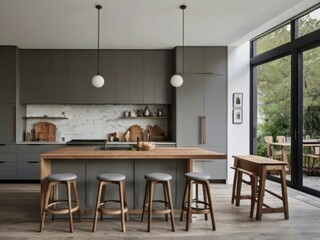 Fototapeta premium Modern Kitchen Island with Wooden Stools and Gray Cabinets
