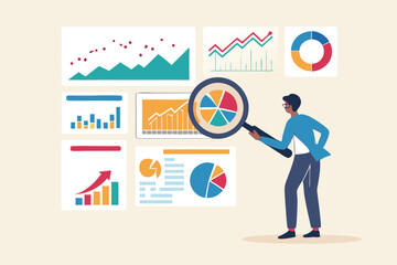 Analysis report research result, chart and diagram dashboard, financial graph statistics, analyze data, SEO or optimization concept, businessman with magnifying glass analyze research chart and graph.