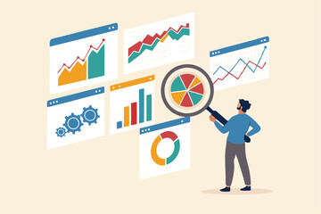 Analysis report research result, chart and diagram dashboard, financial graph statistics, analyze data, SEO or optimization concept, businessman with magnifying glass analyze research chart and graph.
