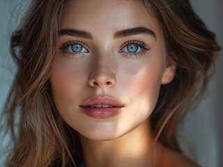 Fototapeta premium breathtaking beauty portrait of a young woman with radiant skin and captivating blue eyes. Her flawless complexion and soft lighting create an ethereal glow. Generative AI