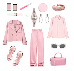 Beautiful women's clothes set isolated on white. Female fashion collage.Spring summer clothing.