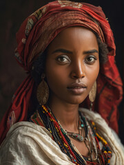 A captivating portrait of a young Ethiopian woman wearing traditional attire, adorned with intricate jewelry and rich textiles. Generative AI