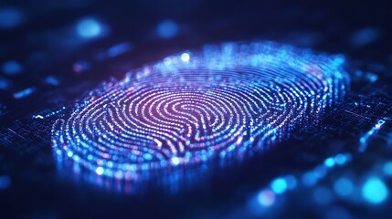 Glowing digital fingerprint on dark tech background.