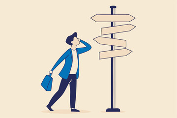 Business decision making, career path, work direction or choose the right way to success concept, confusing businessman looking at multiple road sign with question mark and thinking which way to go.