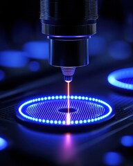 High-tech laser cutting process with blue light effect on circular surface.