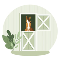 Horse looking out from a stable door in a minimalist flat design
