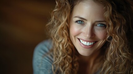 Smiling Woman with Long Curls in Soft Light