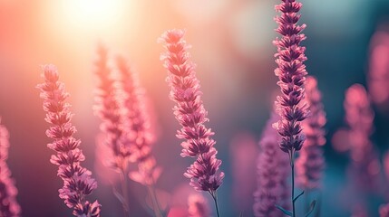 Obraz premium Pink flowers bathed in golden sunset light