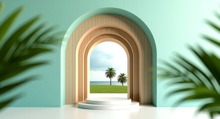 Fototapeta premium circular white podium in a tranquil tropical setting