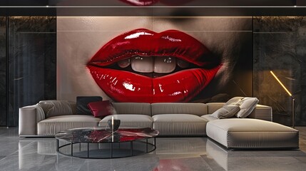 Red Lips Wall Art: A dramatic close-up of luscious red lips forms a striking wall mural in a modern living room, creating a bold and captivating focal point.