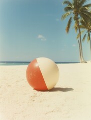 Obraz premium A colorful beach ball rests on sandy shores, surrounded by palm trees and a serene ocean view under a clear blue sky.