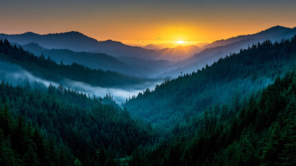 Obraz premium Mountain sunrise, valley mist, birds flying, scenic landscape, nature photography