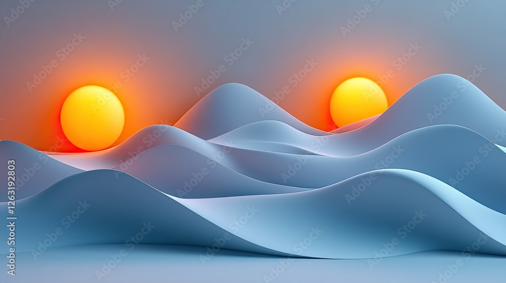 Poster abstract landscape with two luminous suns setting over rolling hills