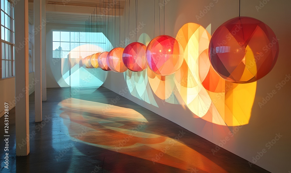 Poster illuminated spheres create colorful patterns in modern industrial space with light