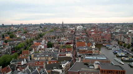 Stunning aerial shot of Oude Kerk Amsterdam showcasing its iconic canals, historic architecture, and vibrant cityscape. 