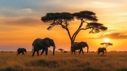 Obraz premium African Sunset: Elephants Silhouette at Golden Hour