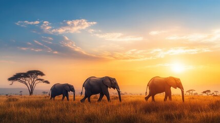 African Sunset: Majestic Elephants in the Golden Savanna