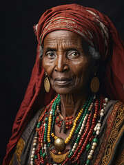 Obraz premium A striking portrait of an Ethiopian elderly woman in traditional garb, adorned with vibrant jewelry and a headscarf. Her deep gaze reflects wisdom and cultural richness. Generative AI